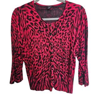 White House Black Market Animal Leopard Print Cardigan Sweater Size L Snap Up
